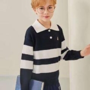 PLUS会员：Hush Puppies 暇步士 儿条纹Polo针织衫 藏蓝 150cm