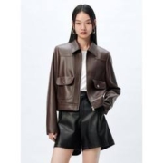 限尺码：PEACEBIRD WOMEN 太平鸟女装 PU皮衣外套女美拉德冬装时尚高级感翻领外套女