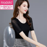 Madallo 莫代尔 短袖打底衫女夏季新款简约纯色网纱圆领百搭恤女半袖上衣 黑色 3XL-130-140斤