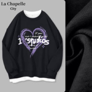 La Chapelle City 拉夏贝尔假两件卫衣女2023黑色圆领宽松美式外套春秋薄款上衣 黑-爱心文字 S