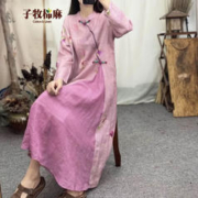 子牧棉麻 2024春装 女民族风数码印花连衣裙立领斜襟盘扣旗袍裙茶服