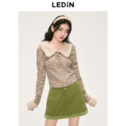 LEDIN 乐町 花纱毛针织软糯小香风学院风毛针织衫合集 咖啡色花纱毛领毛针织衫 S