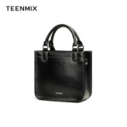 TEENMIX 天美意 包包女包复古油蜡小方包手提单肩斜挎包女送女生女友 黑色
