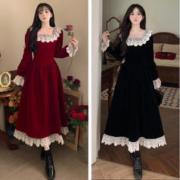 BTTKDL 女装秋冬高级感拼接丝绒礼服连衣裙