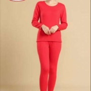 浪莎 加绒加厚复合双层抗寒圆领秋衣秋裤打底套装 女款-大红