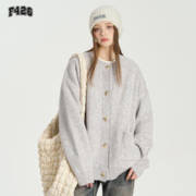 F426 国潮牌春季嘻哈情侣街头宽松百搭门襟撞边开衫毛衣