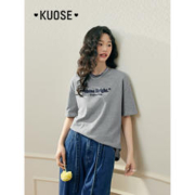 KUOSE 阔色 米白色字母短袖T恤2024春夏新款女休闲纯棉圆领打底内搭上衣