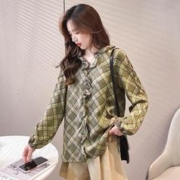 JEANSWEST 真维斯 木耳边时尚衬衣菱形格衬衫女宽松衬衣女长袖秋季衬衫女长袖上衣女