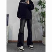 黑色微喇牛仔裤男士春秋季长裤美式复古vibe高街痞帅宽松直筒裤子