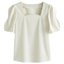 范思蓝恩23FS12011法式方领短袖衬衫女设计感小众夏季波浪袖上衣 米杏色 M