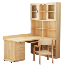 尚静 实木书桌书柜组合转角电脑桌家用一体学习桌写字台办公桌 W原木色-玻璃门+书柜+角柜 120*80*195cm
