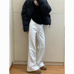 韩系vintage白色微喇叭拖地长裤女秋冬季高腰修身时髦显瘦长裤潮