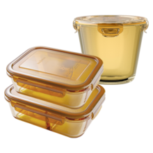 康宁餐具 琥珀色耐热玻璃饭盒玻璃碗保鲜盒便当盒 盒体可进微波炉烤箱 600ml+700ml+980ml分隔饭盒