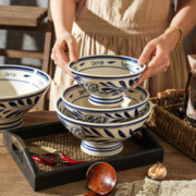 舍里 复古手绘大号陶瓷碗釉下彩高脚碗臊子面碗创意面馆商用米粉碗