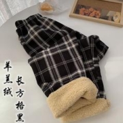 OUJIN 欧瑾 韩版加绒格子裤冬季加厚宽松直筒阔腿裤