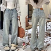 宽松蓝色加绒显瘦直筒裤厚绒牛仔裤女2023秋季新款阔腿裤拖地裤女