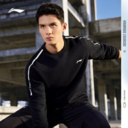LI-NING 李宁 卫衣男健身系列运动时尚圆领套头无帽上衣方AWDT563 黑色-1 S