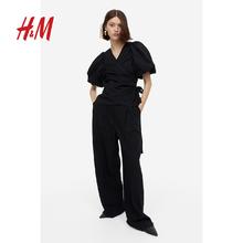 H&M HM女装衬衫春季时尚简约灯笼袖围裹式v领短袖上衣1168122