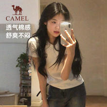 CAMEL 骆驼 正肩圆领T恤女2024夏季棉T透气短袖休闲运动显瘦上衣