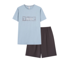 芬腾 情侣短袖睡衣女纯棉休闲套头圆领男家居服套装 灰兰（男） XL
