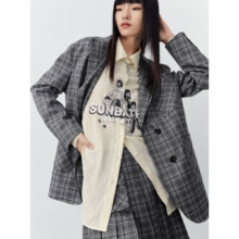 太平鸟 印花格纹西装外套女 灰色高级感