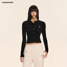 CLIMAX VISION 复古麻花条纹短款露腰开衫毛衣修身显瘦长袖针织衫