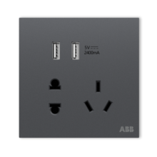 ABB开关插座面板 盈致系列灰色 无边框 五孔带双USB充电插座暗装插座 五孔带双USB插座