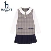 HAZZYS 哈吉斯 女童翻领格子百褶长袖裙 格