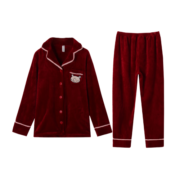 芬腾睡衣女冬季新品法兰绒开衫长袖纯色翻领家居服套装 深红 S