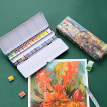 马可（MARCO）24色固体水彩 美术专业 绘画颜料 便携式铁盒工具套装 雷诺阿系列390004A