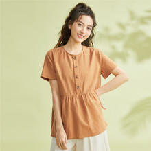GIORDANO 佐丹奴 衬衫女装天然麻棉梭织荷叶下摆半开胸薄衬衫 05343460