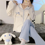曼宝柔睡衣套装女春秋新款宽松显瘦卡通可爱长袖长裤开衫家居服