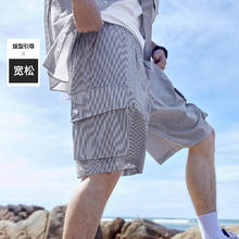 太平鸟男装 奥莱夏季新款工装衬衫素色条纹泡泡纱休闲宽松套装