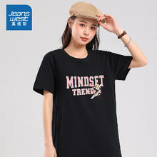 JEANSWEST 真维斯 女装休闲圆领短袖T恤夏季新款学生纯棉时尚印花上衣KCP A款-KC-32-273A16-黑色8010 165/84A/S
