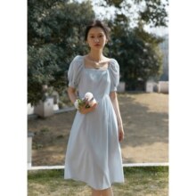 自巧小个子法式方领连衣裙女夏新款气质通勤温柔风中长款裙子22ZQ2117 冰蓝色 XXS
