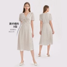歌莉娅 白色波点V领复古短袖连衣裙 商场同款