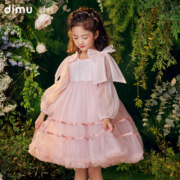 笛牧女童连衣裙2024春季新款网纱蝴蝶结儿童泡泡袖蓬蓬可爱公主裙