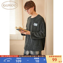 GUKOO 果壳 睡衣男冬季新款格子裤珊瑚绒简约保暖男士圆领家居服套装D 深炭灰套装 XL