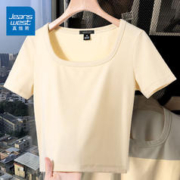 JEANSWEST 真维斯 短款短袖t恤女2024年新款夏季修身显瘦方领纯色洋气高腰紧身小衫 杏色 纯色 M