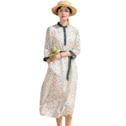 子牧棉麻2023夏装 女时尚圆领套头碎花撞色七分袖显瘦连衣裙2640清44 白色 M(建议110斤以内)