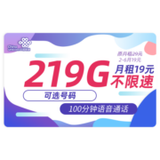 中国联通 流量卡无线流量5G手机卡号电话卡全国通用上网卡随身wifi大王卡 踏雪卡-19元219G流量+可选号码+100分钟
