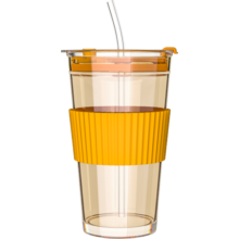 乐唯诗 玻璃杯吸管电镀杯带盖早餐杯牛奶杯咖啡杯网红奶茶杯带杯套 电镀黄【吸管杯 450ml】