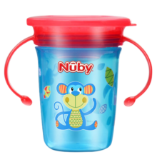 Nuby努比婴儿学饮杯吸管杯防漏儿童水杯带手柄360度宝宝魔术杯 猴子