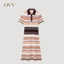 OVV 2024春夏新款女装镂空撞色几何POLO领针织短袖连衣裙