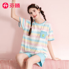 芬腾 睡衣100%棉条纹2024夏季可外穿家居服套装 浅兰条