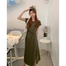 OTHER MIX 辣妹小心机开叉连衣裙女夏休闲舒适褶皱女裙圆领修身A字裙