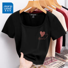 JEANSWEST 真维斯 短袖t恤女士夏装新短款显瘦辣妹小个子紧身短t女生方领半袖上衣服 黑色 情感陪伴粉_K L