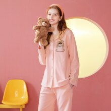 芬腾 睡衣春秋季新款简约纯色卡通图案开衫家居服套装