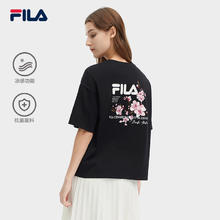 FILA 斐乐 女子针织短袖衫2024春新款休闲冰丝抗菌宽松樱花刺绣T恤