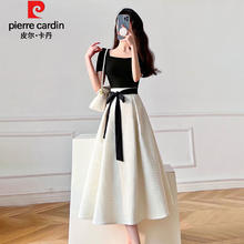 皮尔·卡丹 皮尔卡丹连衣裙女夏季2024新款女装简约气质百搭高腰显瘦短袖套装裙子女 米白色套 L 110-125